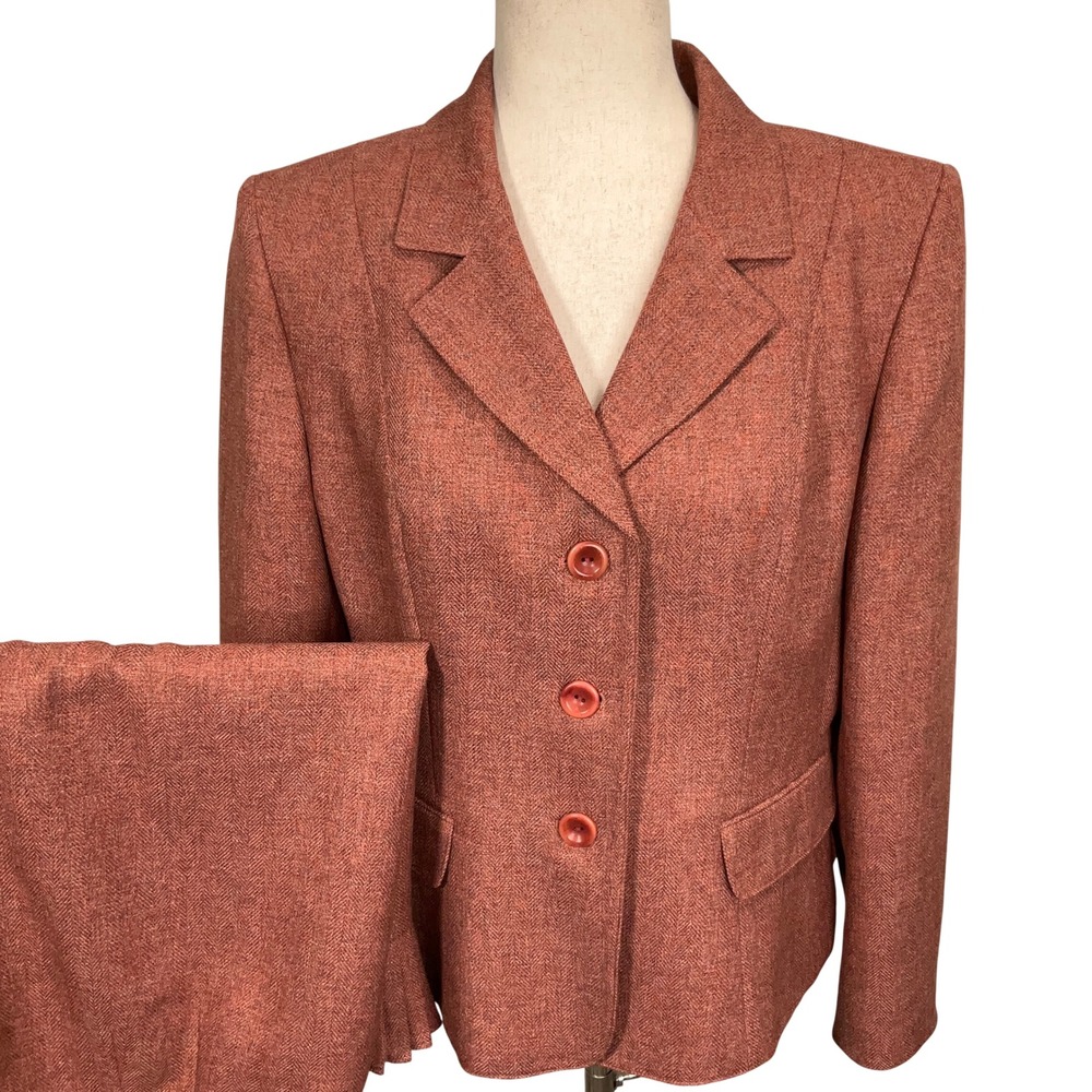 Le Suit Skirt Set Women 12P Rust Herringbone Texture Careerwear Corporate